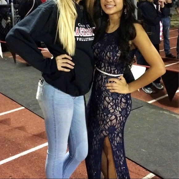 Navy Blue Lace Prom Dress - Picture 2 of 4